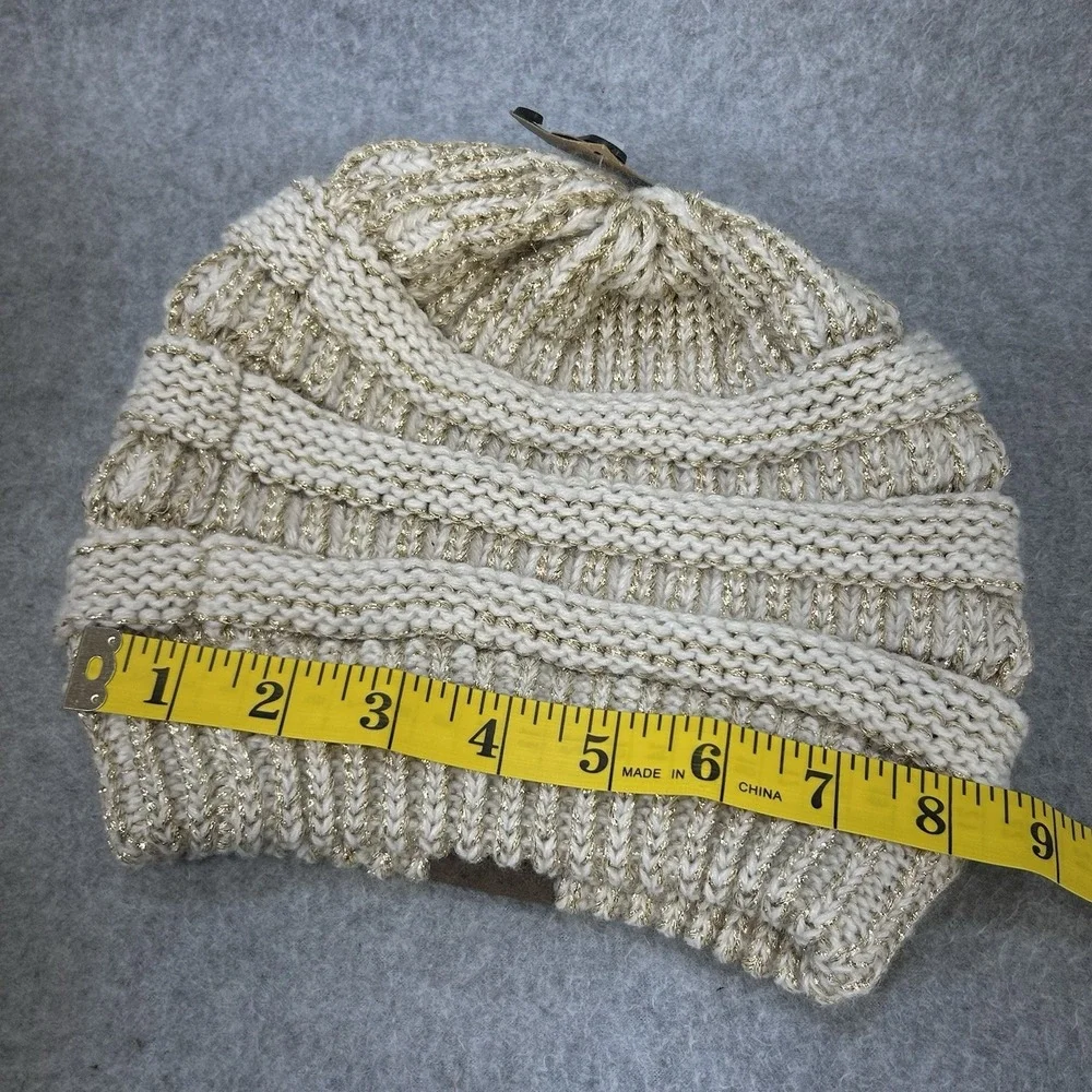 C.C Exclusives Knit Beanie Hat Cream Gold Metallic Acrylic One Size Women